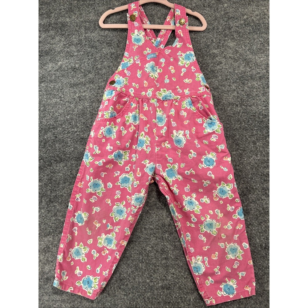 Vintage 90s OshKosh B'gosh Pink Floral Overalls 3T USA Made Cotton Rare